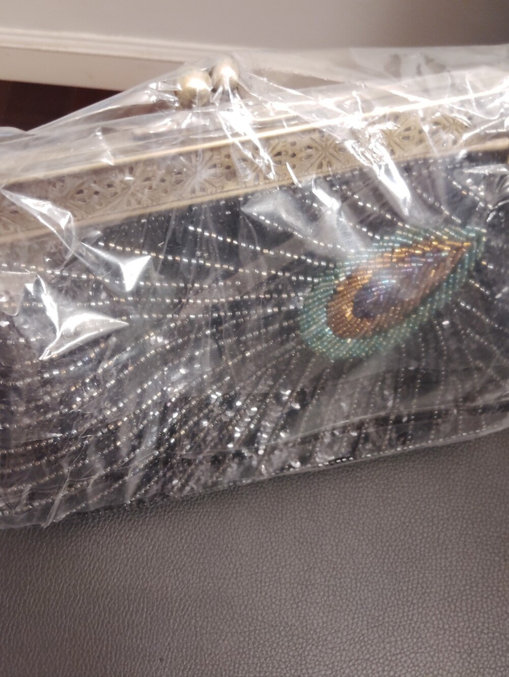 Beaded Peacock-Accent Evening Clutch in Black - Picture 4 of 7